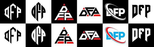 diseño de logotipo de letra dfp en seis estilos. polígono dfp, círculo, triángulo, hexágono, estilo plano y simple con logotipo de letra de variación de color blanco y negro en una mesa de trabajo. logotipo minimalista y clásico de dfp vector