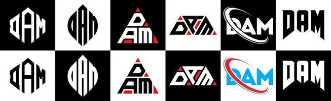 DAM letter logo design in six style. DAM polygon, circle, triangle, hexagon, flat and simple style with black and white color variation letter logo set in one artboard. DAM minimalist and classic logo vector