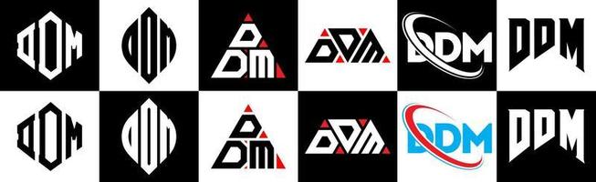 DDM letter logo design in six style. DDM polygon, circle, triangle, hexagon, flat and simple style with black and white color variation letter logo set in one artboard. DDM minimalist and classic logo vector