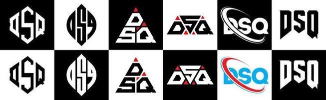 DSQ letter logo design in six style. DSQ polygon, circle, triangle, hexagon, flat and simple style with black and white color variation letter logo set in one artboard. DSQ minimalist and classic logo vector