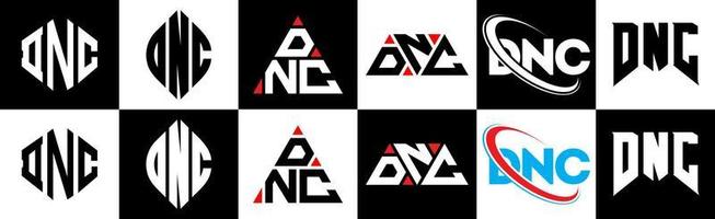 DNC letter logo design in six style. DNC polygon, circle, triangle, hexagon, flat and simple style with black and white color variation letter logo set in one artboard. DNC minimalist and classic logo vector