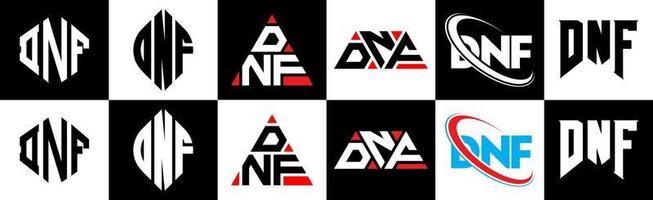 DNF letter logo design in six style. DNF polygon, circle, triangle, hexagon, flat and simple style with black and white color variation letter logo set in one artboard. DNF minimalist and classic logo vector