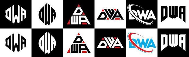 DWA letter logo design in six style. DWA polygon, circle, triangle, hexagon, flat and simple style with black and white color variation letter logo set in one artboard. DWA minimalist and classic logo vector