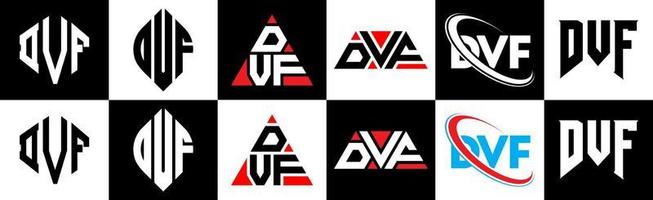 DVF letter logo design in six style. DVF polygon, circle, triangle, hexagon, flat and simple style with black and white color variation letter logo set in one artboard. DVF minimalist and classic logo vector