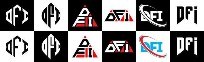 DFI letter logo design in six style. DFI polygon, circle, triangle, hexagon, flat and simple style with black and white color variation letter logo set in one artboard. DFI minimalist and classic logo vector