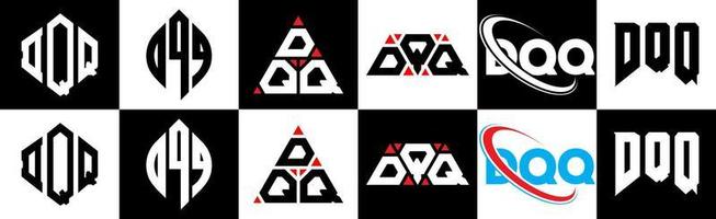 DQQ letter logo design in six style. DQQ polygon, circle, triangle, hexagon, flat and simple style with black and white color variation letter logo set in one artboard. DQQ minimalist and classic logo vector