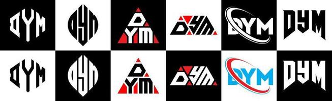 DYM letter logo design in six style. DYM polygon, circle, triangle, hexagon, flat and simple style with black and white color variation letter logo set in one artboard. DYM minimalist and classic logo vector