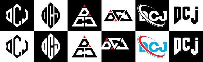 DCJ letter logo design in six style. DCJ polygon, circle, triangle, hexagon, flat and simple style with black and white color variation letter logo set in one artboard. DCJ minimalist and classic logo vector