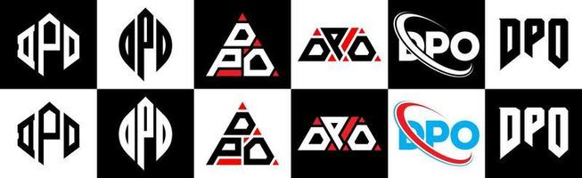 DPO letter logo design in six style. DPO polygon, circle, triangle, hexagon, flat and simple style with black and white color variation letter logo set in one artboard. DPO minimalist and classic logo vector