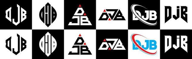 Diseño de logotipo de letra djb en seis estilos. polígono djb, círculo, triángulo, hexágono, estilo plano y simple con logotipo de letra de variación de color blanco y negro en una mesa de trabajo. logotipo minimalista y clásico de djb vector