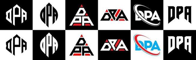 DPA letter logo design in six style. DPA polygon, circle, triangle, hexagon, flat and simple style with black and white color variation letter logo set in one artboard. DPA minimalist and classic logo vector