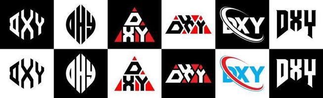 DXY letter logo design in six style. DXY polygon, circle, triangle, hexagon, flat and simple style with black and white color variation letter logo set in one artboard. DXY minimalist and classic logo vector