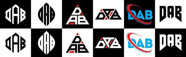 diseño de logotipo de letra dab en seis estilos. polígono dab, círculo, triángulo, hexágono, estilo plano y simple con logotipo de letra de variación de color blanco y negro en una mesa de trabajo. dab logo minimalista y clásico vector