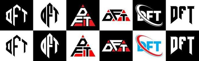 DFT letter logo design in six style. DFT polygon, circle, triangle, hexagon, flat and simple style with black and white color variation letter logo set in one artboard. DFT minimalist and classic logo vector