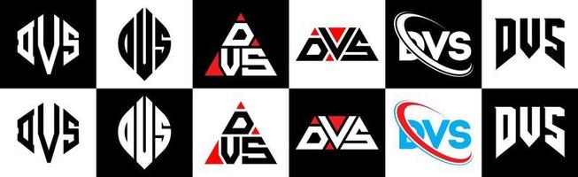 diseño de logotipo de letra dvs en seis estilos. dvs polígono, círculo, triángulo, hexágono, estilo plano y simple con logotipo de letra de variación de color blanco y negro en una mesa de trabajo. logotipo minimalista y clásico de dvs vector