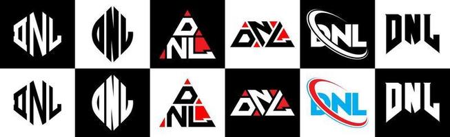 DNL letter logo design in six style. DNL polygon, circle, triangle, hexagon, flat and simple style with black and white color variation letter logo set in one artboard. DNL minimalist and classic logo vector