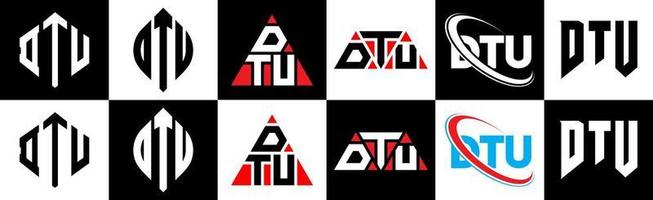 DTU letter logo design in six style. DTU polygon, circle, triangle, hexagon, flat and simple style with black and white color variation letter logo set in one artboard. DTU minimalist and classic logo vector