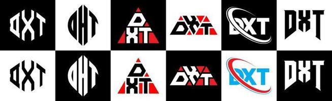 diseño de logotipo de letra dxt en seis estilos. polígono dxt, círculo, triángulo, hexágono, estilo plano y simple con logotipo de letra de variación de color blanco y negro en una mesa de trabajo. logotipo minimalista y clásico de dxt vector