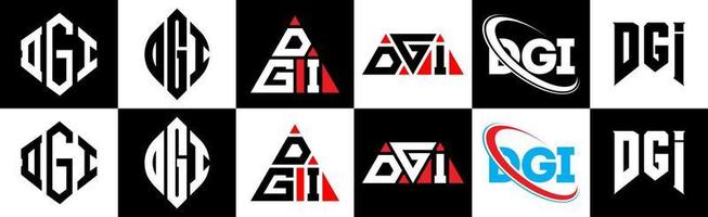 diseño de logotipo de letra dgi en seis estilos. polígono dgi, círculo, triángulo, hexágono, estilo plano y simple con logotipo de letra de variación de color blanco y negro en una mesa de trabajo. logotipo minimalista y clásico de dgi vector