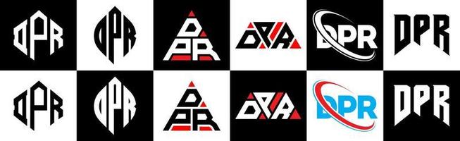 diseño de logotipo de letra dpr en seis estilos. polígono dpr, círculo, triángulo, hexágono, estilo plano y simple con logotipo de letra de variación de color blanco y negro en una mesa de trabajo. logotipo minimalista y clásico de dpr vector