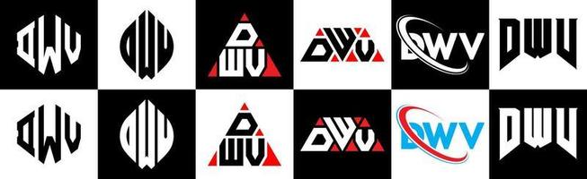 DWV letter logo design in six style. DWV polygon, circle, triangle, hexagon, flat and simple style with black and white color variation letter logo set in one artboard. DWV minimalist and classic logo vector