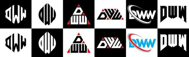 diseño de logotipo de letra dww en seis estilos. polígono dww, círculo, triángulo, hexágono, estilo plano y simple con logotipo de letra de variación de color blanco y negro en una mesa de trabajo. logotipo minimalista y clásico de dww vector