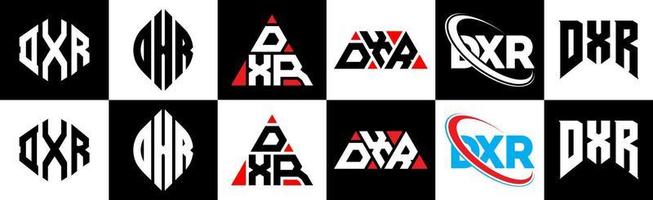 DXR letter logo design in six style. DXR polygon, circle, triangle, hexagon, flat and simple style with black and white color variation letter logo set in one artboard. DXR minimalist and classic logo vector