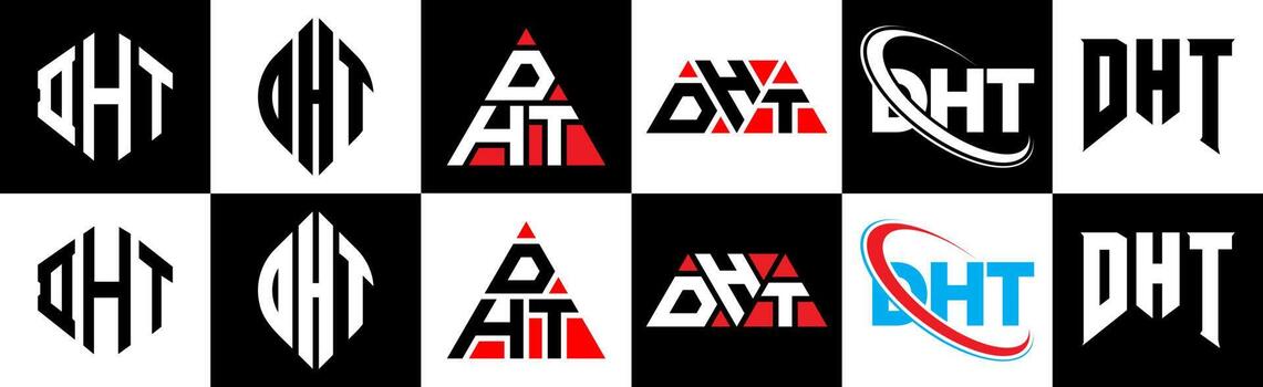 DHT letter logo design in six style. DHT polygon, circle, triangle, hexagon, flat and simple style with black and white color variation letter logo set in one artboard. DHT minimalist and classic logo vector