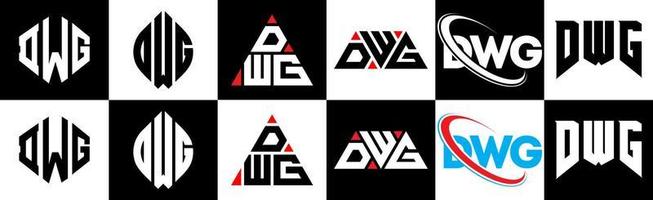 DWG letter logo design in six style. DWG polygon, circle, triangle, hexagon, flat and simple style with black and white color variation letter logo set in one artboard. DWG minimalist and classic logo vector