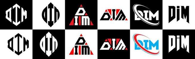 DIM letter logo design in six style. DIM polygon, circle, triangle, hexagon, flat and simple style with black and white color variation letter logo set in one artboard. DIM minimalist and classic logo vector