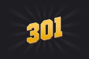 Number 301 vector font alphabet. Yellow 301 number with black background