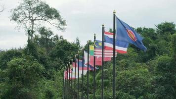 comunidad asean, un grupo de banderas de países del sudeste asiático ondeando con el viento en el fondo de árboles verdes, tailandia, malasia, myanmar y otras naciones asiáticas con libertad y unidad en las relaciones regionales. video