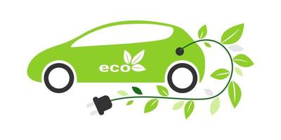 Electric car with charging cable. Eco green transport, electric vehicle. Green leaves grow on the charging cable as a symbol of zero emissions vector