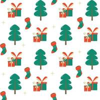 Hand drawn backdrop. Colorful cartoon seamless pattern with Christmas trees and gifts. Cute wallpaper, good for printing. Vector Design illustration. Happy New Year concept. Winter time