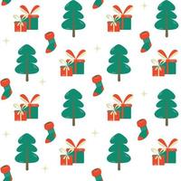 Hand drawn backdrop. Colorful cartoon seamless pattern with Christmas trees and gifts. Cute wallpaper, good for printing. Vector Design illustration. Happy New Year concept. Winter time