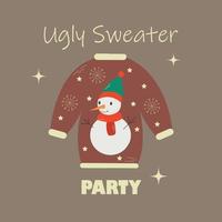 Christmas postcard with invitation on ugly sweater holiday party. Christmas brown sweater with a cartoon snowman and snowflakes. vector