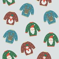 Christmas vector seamless pattern with different ugly sweaters. Christmas cartoon sweaters with cute Santa Claus, snowman and reindeer.