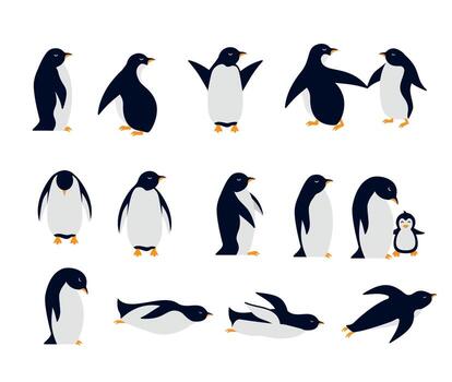 Set of happy penguins in different poses vector