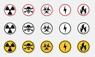 Danger warning circle yellow sign. Radiation sign, toxic sign and biohazard vector icon isolated on white background.