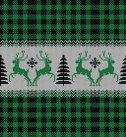 Ugly sweater at Buffalo Plaid Merry Christmas and Happy New Year greeting card frame border . illustration knitted background seamless pattern with folk style scandinavian ornaments. vector