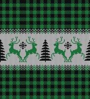 Ugly sweater at Buffalo Plaid Merry Christmas and Happy New Year greeting card frame border . illustration knitted background seamless pattern with folk style scandinavian ornaments. vector