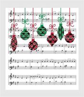 Buffalo plaid Christmas tree toys on the background of the music page. Christmas and New Year pattern at Buffalo Plaid. Festive background for design and print vector