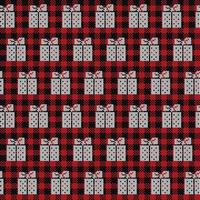 Ugly sweater at Buffalo Plaid Merry Christmas and Happy New Year greeting card frame border . illustration knitted background seamless pattern with folk style scandinavian ornaments. vector