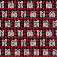 Ugly sweater at Buffalo Plaid Merry Christmas and Happy New Year greeting card frame border . illustration knitted background seamless pattern with folk style scandinavian ornaments. vector