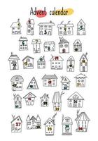 Christmas and New Year advent calendar. Vector illustrations of houses in deadl style.