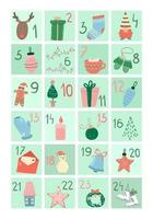 Calendario de adviento. cartel de navidad, ilustración con elementos de año nuevo. vector