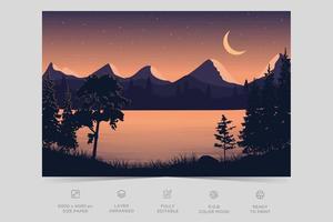 Night river view landscape design nature scene flat design background template vector illustration