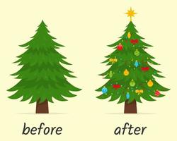 Christmas tree before and after decoration. Vector illustration.