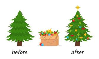 Christmas tree before and after decoration. Jewelry box. Vector illustration.