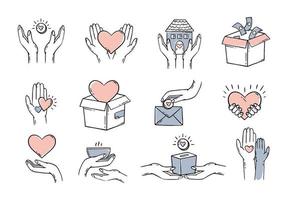 donación de caridad para la salud. un conjunto con elementos de corazones en sus manos. ilustración vectorial de un garabato